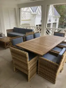 A view of wooden tables and lounge chairs